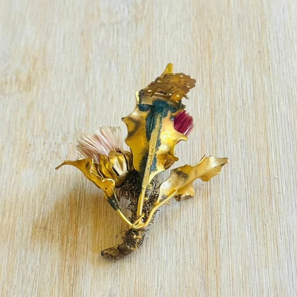 Floral Thistle Pin Fur Dress Clip VTG Antique Art Deco France Signed Gold Motif
